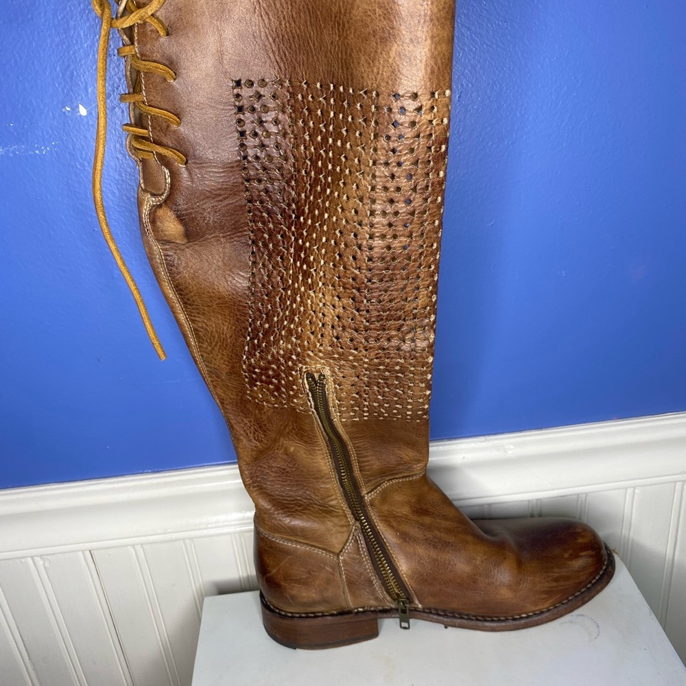 Bed Stu Brown Perforated Leather Heeled Riding Boots - Picture 2 of 4